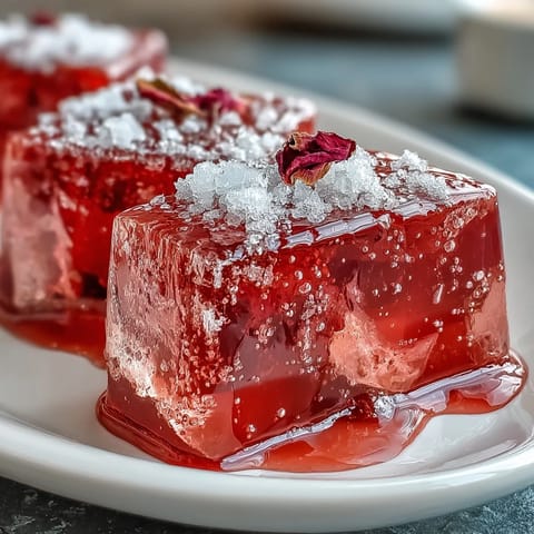 Delicate layers of strawberry and rose-flavored gelatin suspended in a silky cream mixture, creating a stunning visual dessert.  