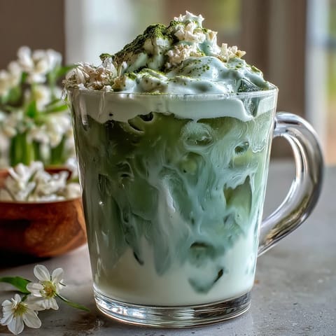 Elegant iced matcha latte with silky vanilla cold foam, perfect for Mother's Day brunch or a refreshing afternoon treat.