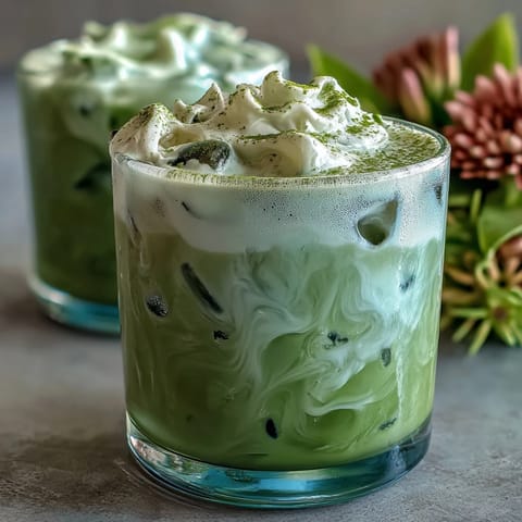 Two tall glasses filled with layered iced matcha latte topped with pillowy vanilla cold foam, garnished with a dusting of green tea powder.