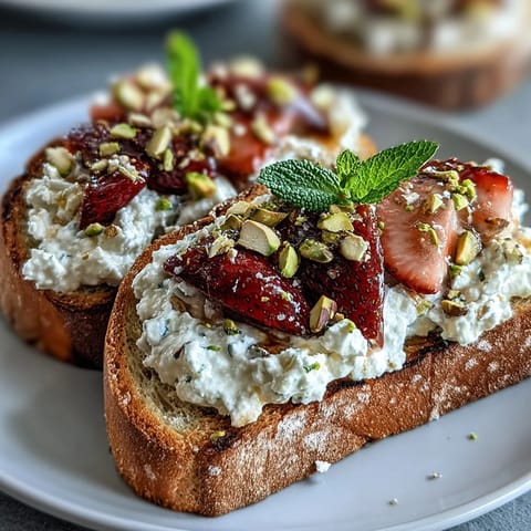 Vibrant Strawberry Honey Ricotta Toast with Pistachios - Juicy strawberries, rich ricotta, and honey drizzle adorn toasted bread, garnished with chopped pistachios and lemon zest.
