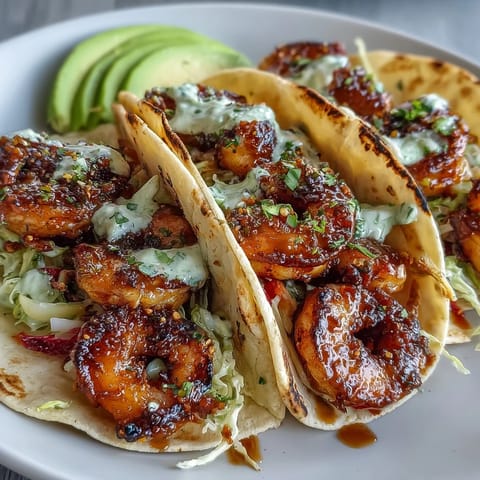 Honey Garlic Shrimp Tacos with crisp cabbage slaw and zesty lime crema in warm tortillas.  