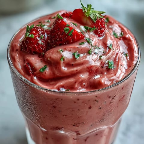 A vibrant strawberry spinach smoothie with fresh berries, leafy greens, and creamy banana in a tall glass.  