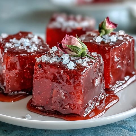 A vibrant mosaic cake with strawberry and rose gelatin cubes in a creamy vanilla base, perfect for summer celebrations.  