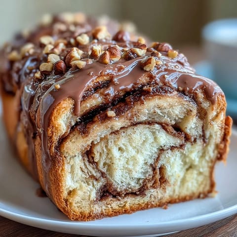 Nutella Babka: A decadent chocolate-hazelnut swirled brioche loaf, golden-brown and glossy with syrup glaze.