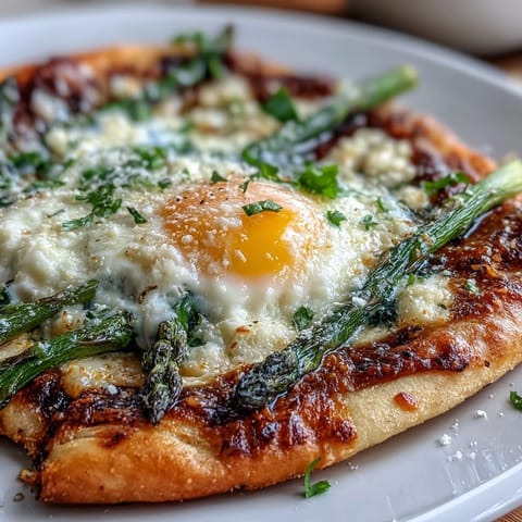 Crispy flatbread topped with tender asparagus, a baked egg, and parmesan for a flavorful brunch dish.  