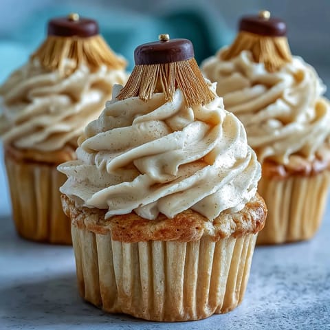 Festive graduation cupcakes topped with vanilla buttercream and handmade black and gold fondant caps.  