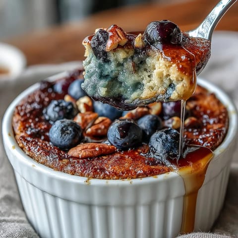 Warm baked oats with juicy blueberries, sweetened with maple syrup and topped with crunchy nuts for a cozy breakfast.
