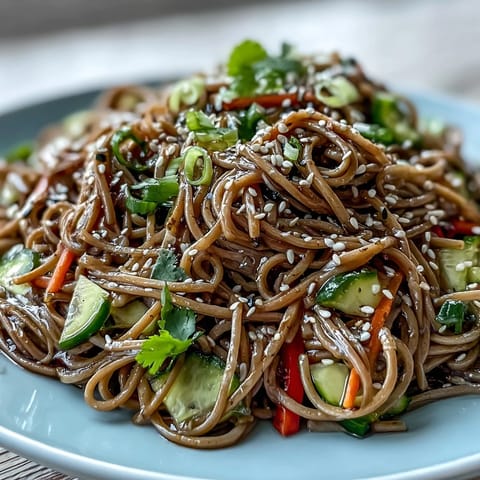 Tender soba noodles tossed in sesame ginger dressing, a refreshing light summer meal.