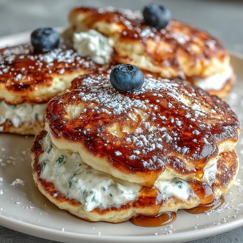 Fluffy, moist Icelandic Skyr Pancakes served with fresh berries and syrup, ready to eat.
