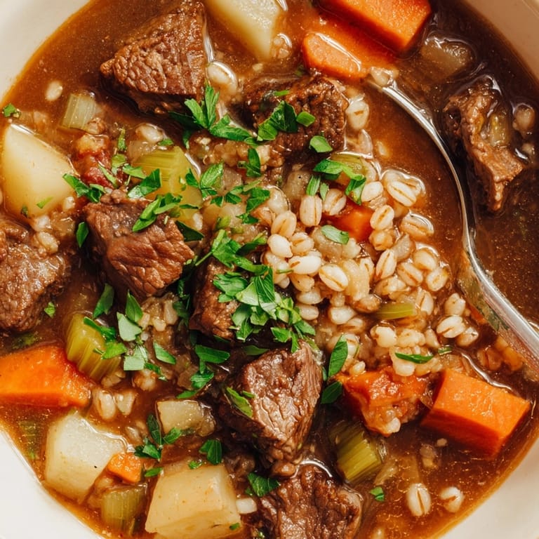 Ladleful of savory Beef and Barley Stew with Root Vegetables, garnished with fresh parsley.