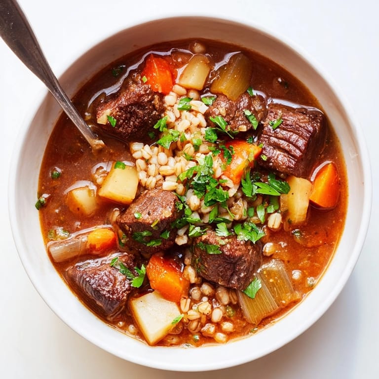 Rustic bowl of homemade Beef and Barley Stew with Root Vegetables, ready to enjoy.