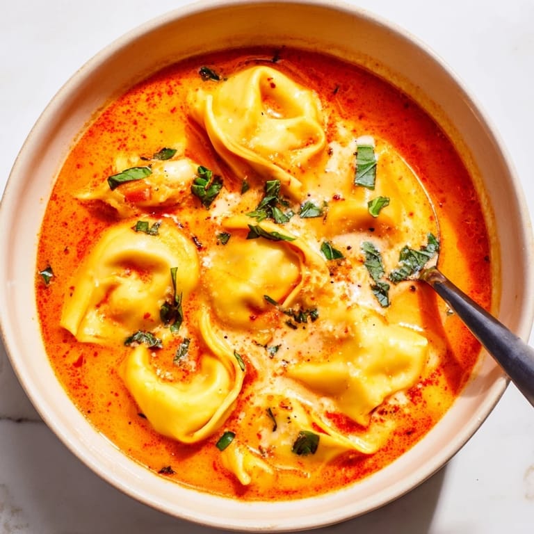 Delicious Creamy Tomato Basil Tortellini Soup, enhanced with grated Parmesan and vibrant herbs.
