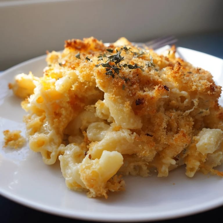 Baked mac and cheese with a crunchy topping, perfect for family gatherings.  