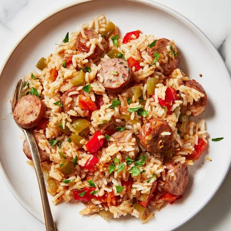 Aromatic One-Pot Sausage and Rice Skillet simmering with fresh herbs and veggies.