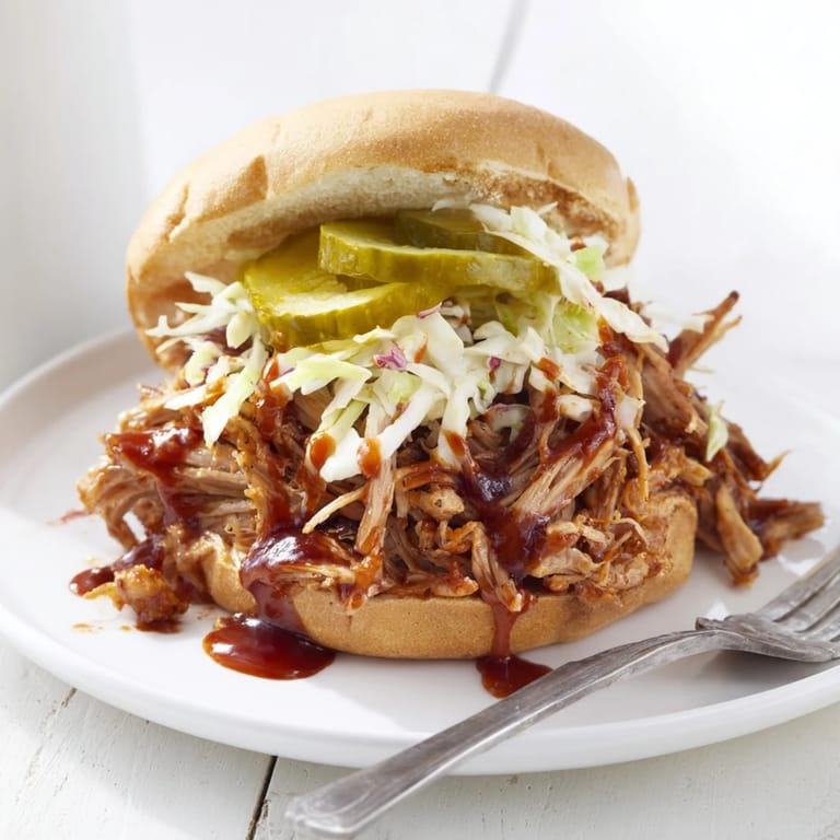 Tender BBQ pulled pork sandwiches served on toasted buns, perfect for summer gatherings.  