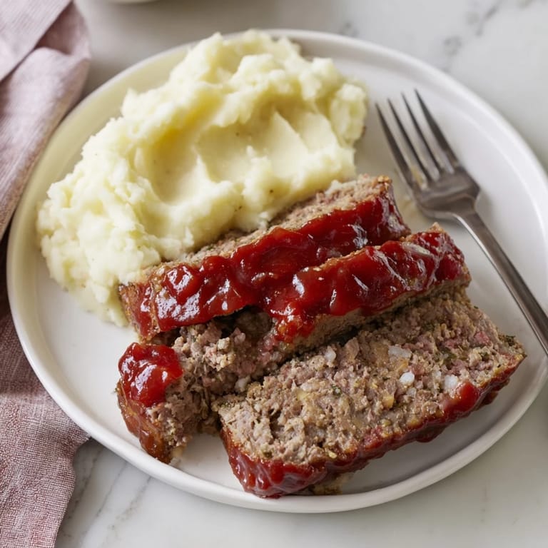 Savor the comforting mix of Classic Meatloaf and creamy mashed potatoes on a plate.  
