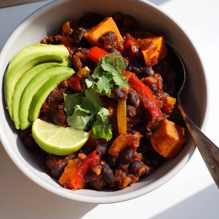 Delicious Spicy Black Bean and Sweet Potato Chili ready for a cozy meal.