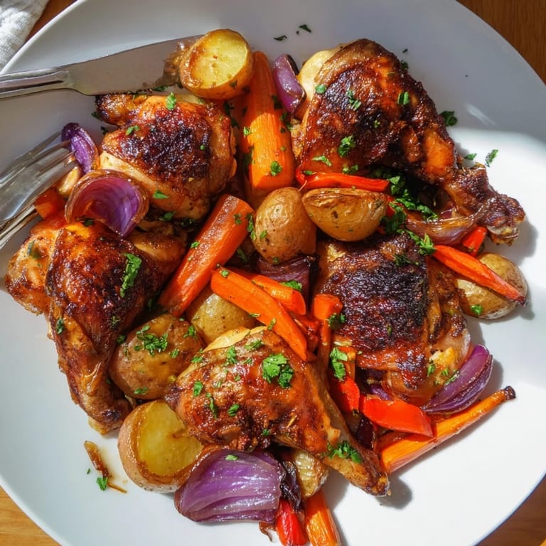 Golden brown chicken thighs nestled among colorful roasted carrots and potatoes.  