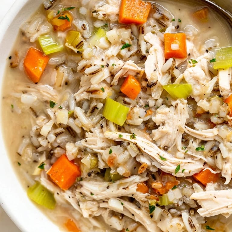 Rich, hearty Creamy Chicken and Wild Rice Soup with tender chicken and vegetables.