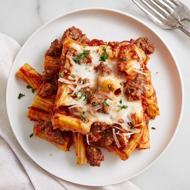 Savory Baked Ziti with Italian Sausage, rich tomato sauce, and melted cheese layers.