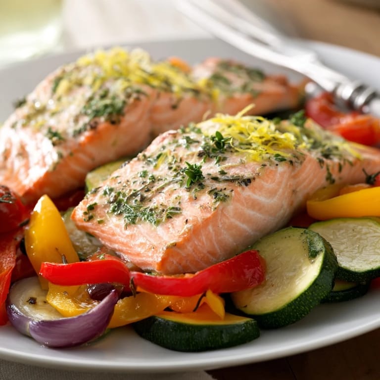 Oven-roasted sheet pan lemon herb salmon alongside vibrant vegetables, bursting with fresh flavors.  