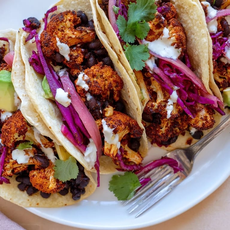 Warm tortillas filled with smoky Spicy Cauliflower and Black Bean Tacos for taco night.