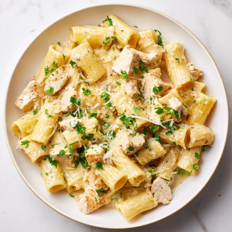 Imagine the cheesy, warm, comforting Creamy Garlic Parmesan Chicken Rigatoni, ready to serve!