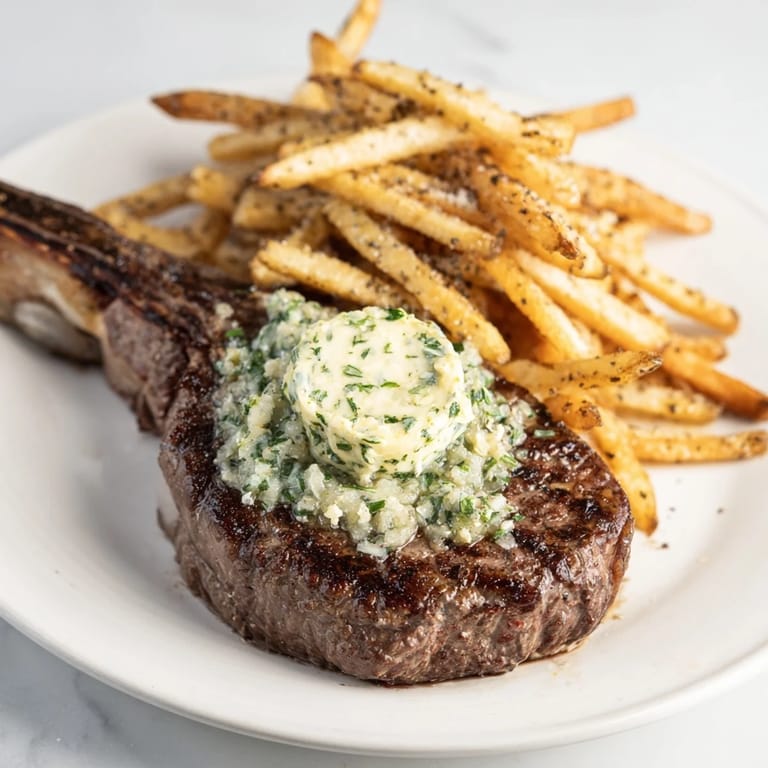 A plate of Steakhouse Garlic Butter Steak & Fries, a delicious American main course, ready to be enjoyed.