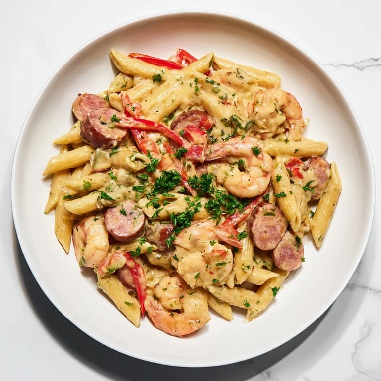 Imagine fragrant Cajun Sausage & Shrimp Alfredo Pasta Skillet, a creamy, spicy delight perfect for dinner tonight.