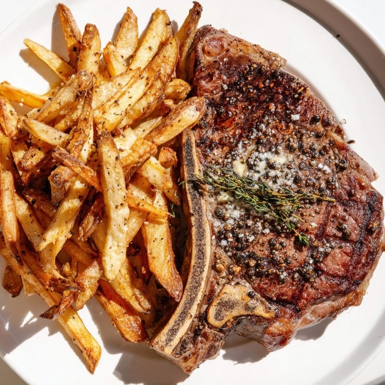 Imagine the aroma: a sizzling Classic Peppercorn Ribeye, perfectly seared, ready to enjoy with fries.