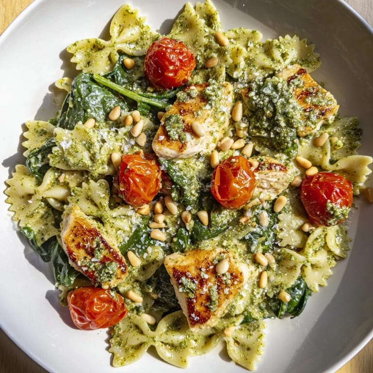 This flavorful Pesto Chicken Bowtie Pasta features tender, bite-sized chicken and a vibrant pesto sauce.