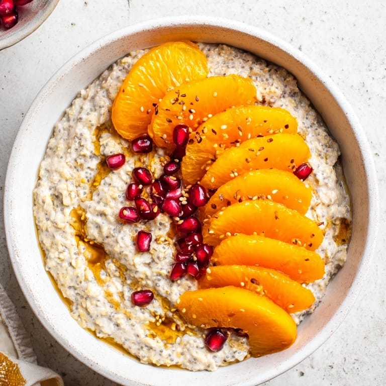 A close-up of vibrant Overnight Oats, topped with sweet persimmon slices, pomegranate, and chia seeds.