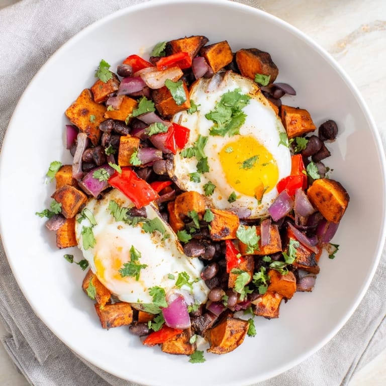 A steaming skillet of Sweet Potato & Black Bean Breakfast Hash, vibrant with peppers, beans, and fresh cilantro.