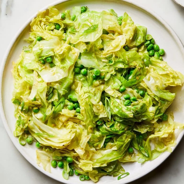 Savory cabbage stir-fry with a glossy garlic-soy glaze, showcasing tender peas and fresh scallion garnish.