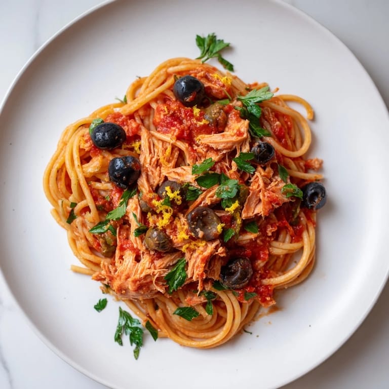 Delicious Pasta with Tuna, Olives & Capers, garnished with parsley, ready for a satisfying Mediterranean meal.