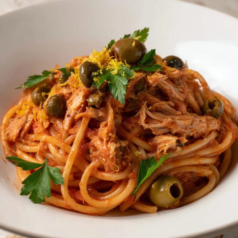 Vibrant image of Pasta with Tuna, Olives & Capers: Flaky tuna and olives mingle in a rich tomato sauce.