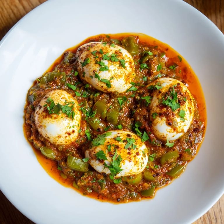 The rich, spiced tomato base of Shakshuka bubbling with perfectly poached eggs for a delicious brunch.