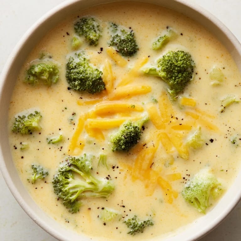 A close-up of golden, melted cheddar swirling into the comforting Broccoli Cheese Soup.
