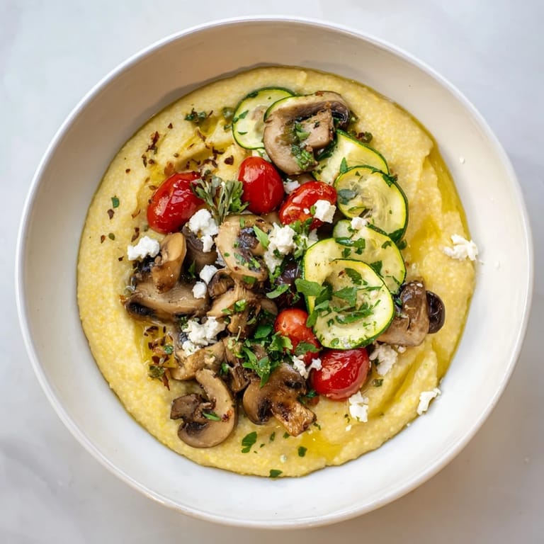 Flavorful Cornmeal Mush Polenta bowls, topped with roasted vegetables, are ready for a delicious meal.