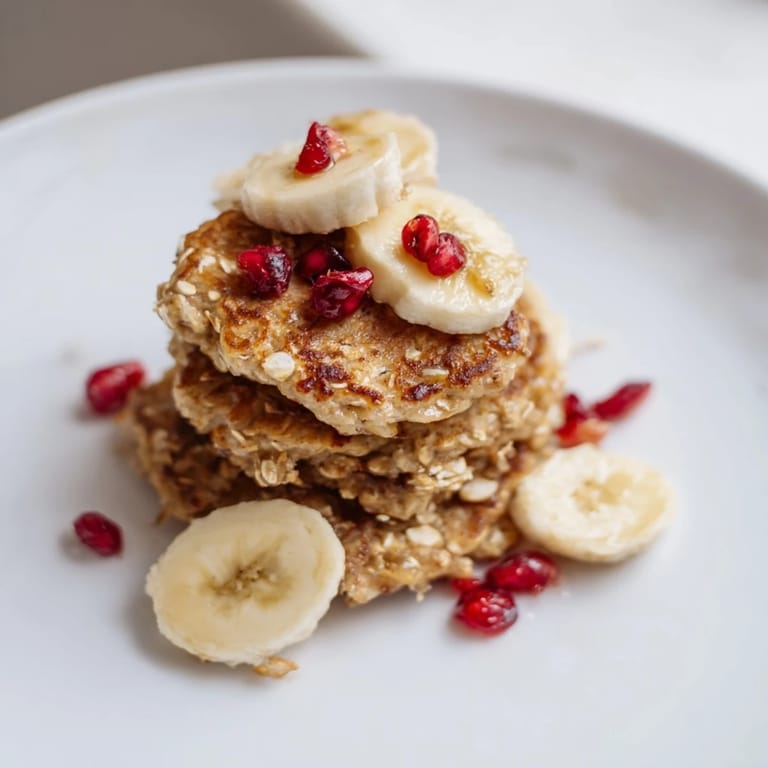 Mouthwatering image of homemade banana oat pancakes, drizzled with sweet maple syrup and fresh berries.