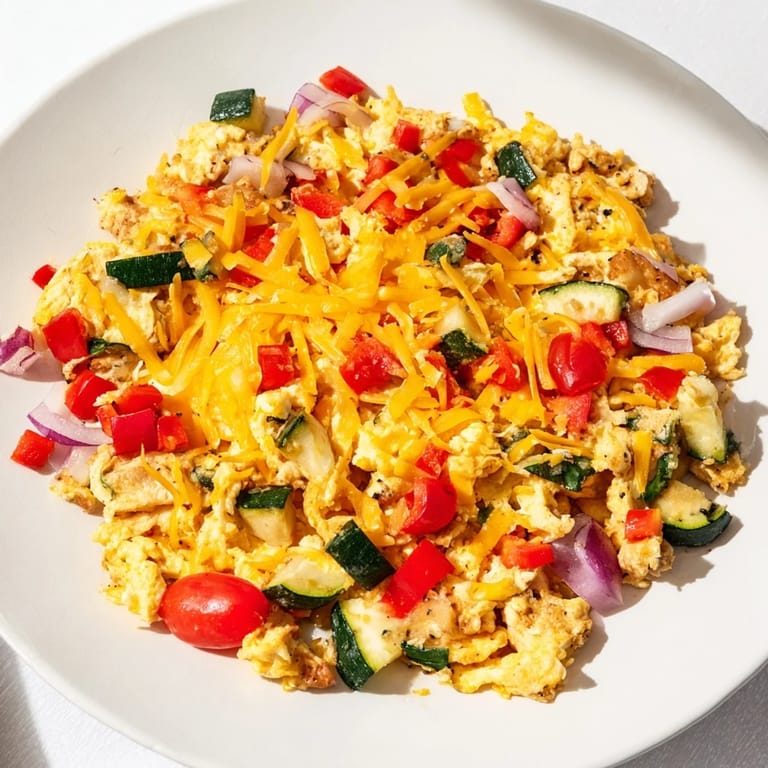 Enjoy a hearty Egg & Veggie Sheet Pan Scramble, perfect for a quick and simple vegetarian breakfast.