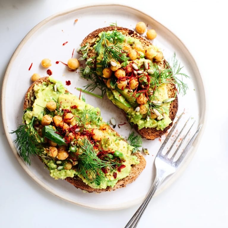Toasted bread piled with avocado toast, chickpeas, and fresh herbs, perfect for a quick lunch.