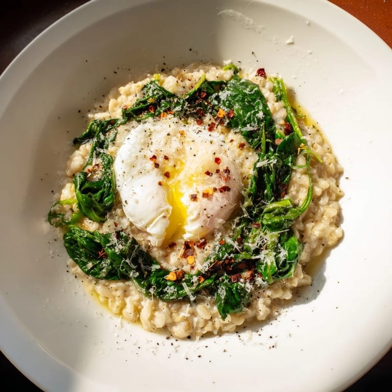 Hearty breakfast: steaming bowl of savory oatmeal, spinach, and a beautiful poached egg for a filling meal.