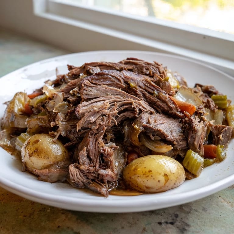 Picture a close-up of a tender, glistening Pickle Brine Pot Roast next to its vegetables.
