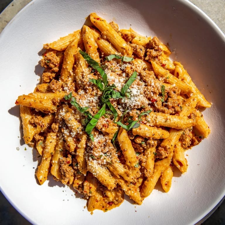 Savory Creamy Tomato and Sausage Pasta: a hearty Italian-inspired dish, perfect for weeknight meals.