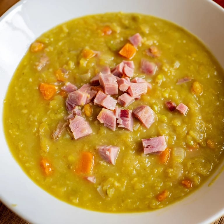 Enjoy a warm bowl of flavorful Hearty Split Pea and Ham Soup garnished with fresh herbs and crusty bread.