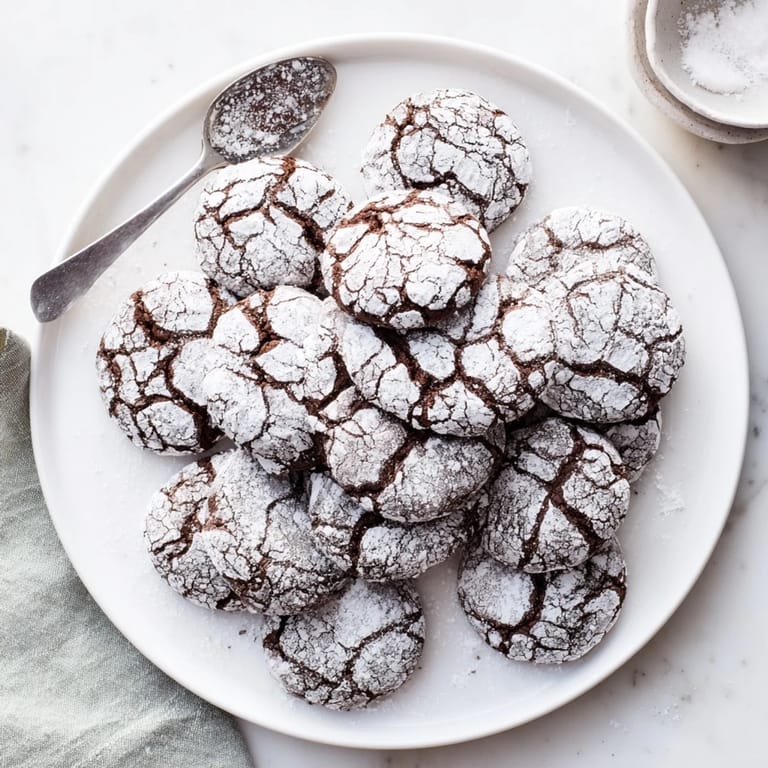 A close-up of crackled Chocolate Crinkle Cookies, showcasing their soft, fudgy, and delicious texture.