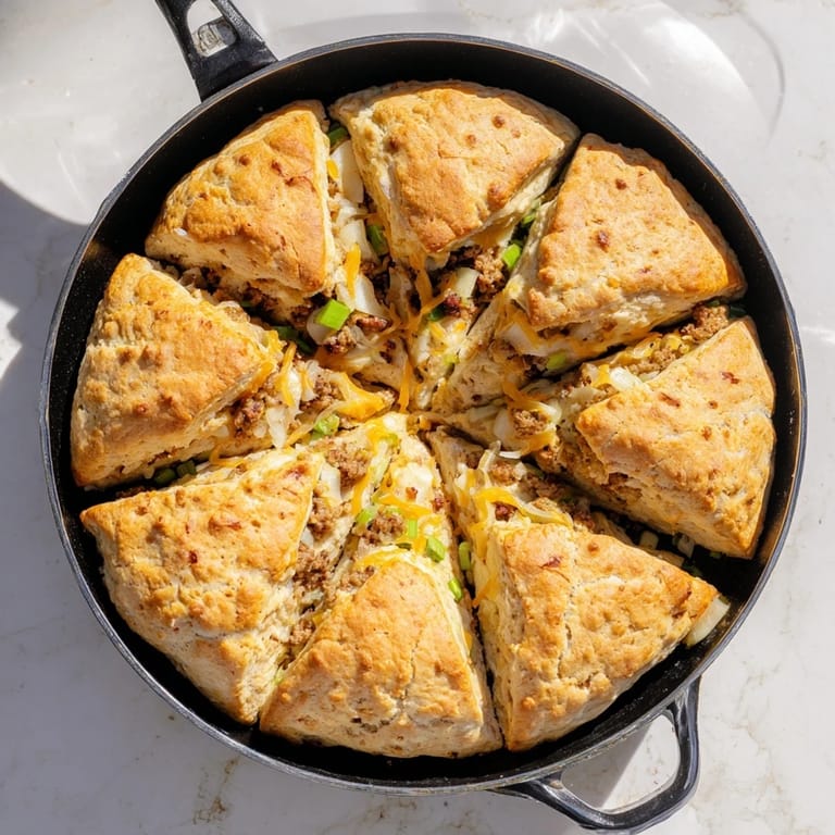 A rustic skillet of warm Savory Apple, Sausage, and Cheddar Scones, fresh from the oven.