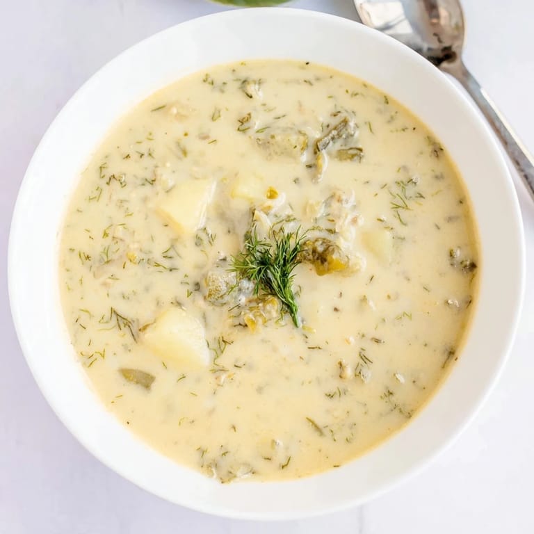 A close-up view of a steaming bowl of Creamy Dill Pickle Soup, garnished with fresh dill sprigs.
