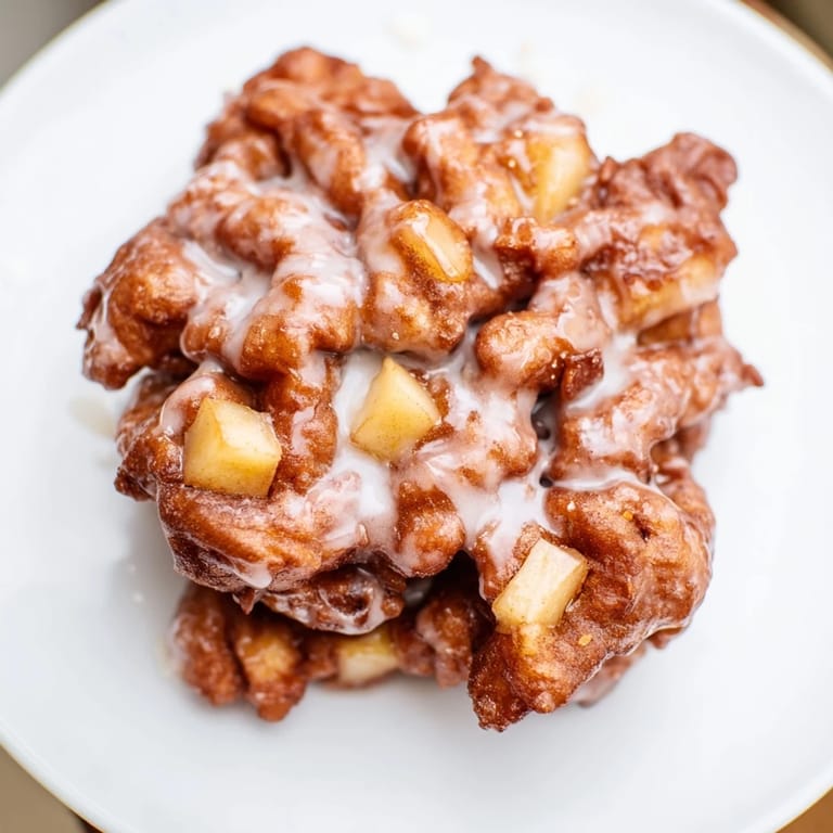 A delightful close-up of warm apple fritters, showcasing tender apple pieces and delicious glaze.